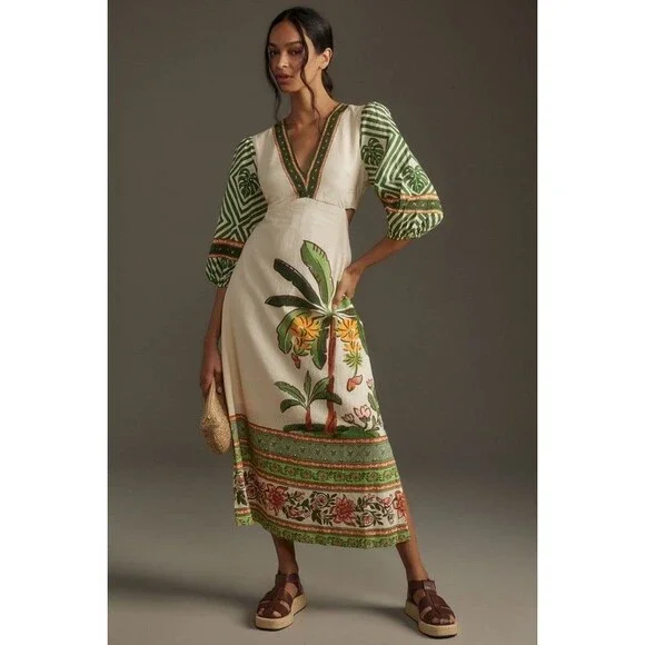 Farm Rio x Anthropologie Palm V-Neck Midi Dress Petite XL Retail $258 - Picture 1 of 8